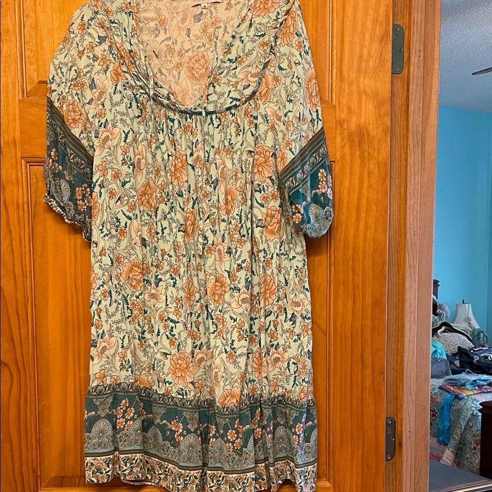 Floral Green and Orange Mini Dress